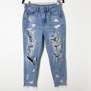 American Eagle Womens Mom Jean 2 Short Distressed Ripped Bleach Splatter Hi Rise